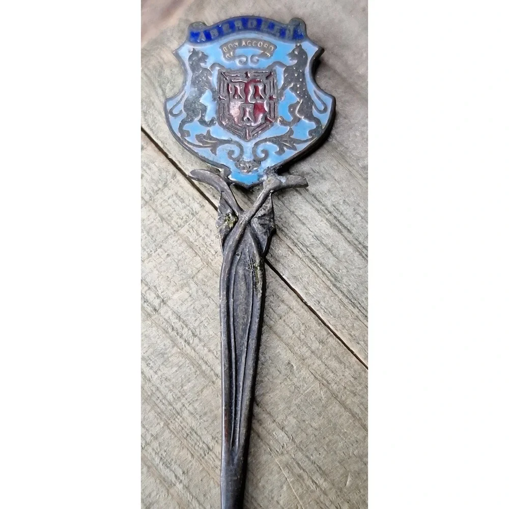 Antique Aberdeen Scotland Sterling Silver Enamel Souvenir Spoon Bon Accord Crest